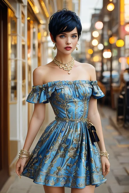 masterpiece,best quality,ultra_detailed,<lora:BellissimaSD1.0:0.8> bellissima, 1girl , <lora:WestwoodStyleSD:1> westwood style, haircut style pixie, dress, shoulder bag  ,by Ellen von Unwerth