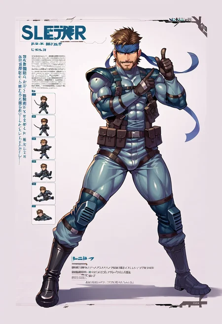 score_9, score_8_up, score_7_up, source_anime, BREAK
<lora:TaimaninCC_Pony_V1:0.8>taimanincc, 1 boy, Solo Focus, character profile title text, ((Simple background)), white background,
(armor),lothing cutout, high leg cut, elbow gloves, thighhighs, ((fishnets)), boots, high heels, shiny body, covered nipples, cameltoe,
fighting stance:1, ,((body suit))
full body,
smug, looking at viewer, mature man, Thumbs up,
cowboy shot,full body,
<lora:solidsnake-pdxl-nvwls-v1:1> solidsnake, headband, brown hair, beard, facial hair, blue bodysuit, gloves, harness, belt pouch, city, looking at you, furrowed brow, mature male, manly,