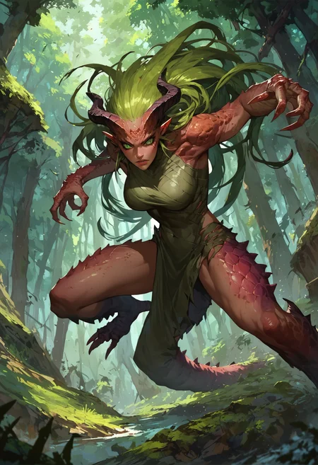 score_9, score_8_up, score_7_up, 
monster girl, llamia, slit pupils, green eyes, horns, kunoichi, long hair, action pose, forest,