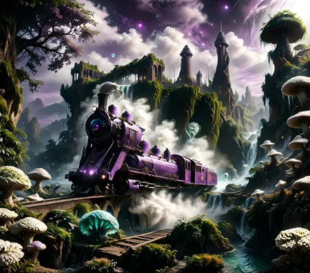 a hyper-realistic photograph of a (((vintage steam locomotive rides on rails on a bridge and blows smoke from a steam pipe))) near the (((serpentine tower))) piercing the purple sky on a mist-shrouded, alien world, surrounded by a lush, dense emerald forest teeming with life. Incorporate intricate scales on the tentacles, vibrant colors of the flora, and a subtle, creepy glow emanating from the tower. (((Corals))) and (((sea sponges))) grow between ((twisted creepy trees)) and the (((bushes of tentacles with eyes))) and ((huge twisted wispy dark mushrooms)) and (((strange plants with many eyes))). Clouds of fog are spreading across the ground, ((blue sparkling fireflies)) are flying in the fog over the stream. Capture the late evening atmosphere with a setting ((emerald sun)) casting a warm, emerald light, and a few wispy galaxies scattered across the deep purple sky. Add a touch of mystery by including faint, starry constellations and a distant nebula. The long shot perspective should emphasize the tower's ominous presence, making this image a haunting addition to any dark fantasy or horror concept art collection. 16k, scenery, (long shot:1.5),
<lora:000_detailed_notrigger:1>
<lora:sinfully_stylish_SDKL:1> sinfully, dark dramatic lighting, shadows,
<lora:DonM3t3rn1tyXL-v1.1:0.51> DonM3t3rn1tyXL,
<lora:zavy-ndrwtr-sdxl:0.15> zavy-ndrwtr, (((Corals))), (((sea sponges))),
<lora:Pandora Land XL:0.75> PandoraLnd
<lora:MJ52:0.8> detailed, realistic, photo, cinematic, photography,
<lora:SDXLFaeTastic2400:1> realistic,
<lora:DetailMaximizer:0.72> photo, detailmaximizer,
 <lora:Steam_Engine_Train_-_Locomotive:0.25> steam engine train, locomotive, smokestack, railroad tracks, smoke, 
score_9, score_8_up, score_7_up, insanely detailed, (detailed body), (high detailed), better color correction, bright color correction, improved light, beautifull, (Ultraealistic), (cinematic quality:1.5), 16k, best quality, cinematic realism, ultra detailed cinematic style, human view, high-quality, best quality, cinematic realism, <lora:MidjourneyV6.1:0.7> midjourneyv6.1,