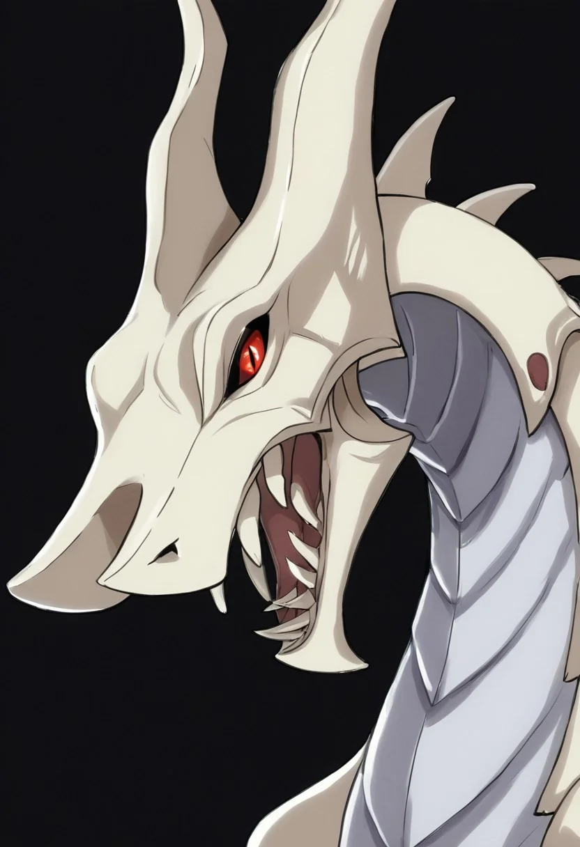 score_9,score_8_up,score_7_up,anime coloring BREAK source_anime,anime, BREAK detailed face, traditional_media,bakugan, naga/(bakugan/), no humans, sharp teeth, black background, solo, teeth, colored sclera, simple background, red eyes, open mouth, black sclera, dragon, from side, horns, bakugan (creature), white dragon