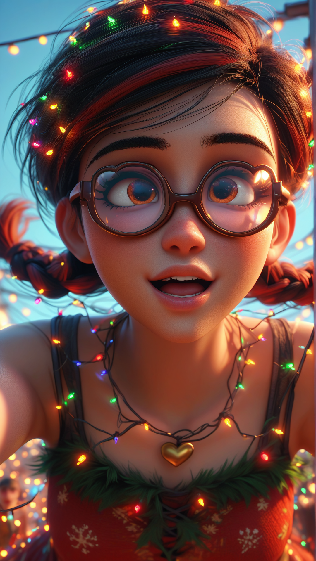 score_9, score_8_up, score_7_up, score_6_up, score_5_up, source_anime, An anime depiction of a colorful christmas lights covered ChristmasLightsStyle Street photography, African, mid-twenty, woman, Short hair, Box braids hair, Blowout hairstyle, Red hair, Hair tie, Hooded eyes shape, Hazel eyes, Safety glasses, Heart-shaped lips, Pink lips, Heart with Rounded Chin face, No-makeup, Excited, Flyweight body, Standing, Interacting with props, Edgy dress, Short lighting, Auroras, starlight, Sunny, Neutral gray background, Field background, Sony A7R IV, Steadicam shot, Top-down angle. <lora:ChristmasLightsStylePDXL:1>