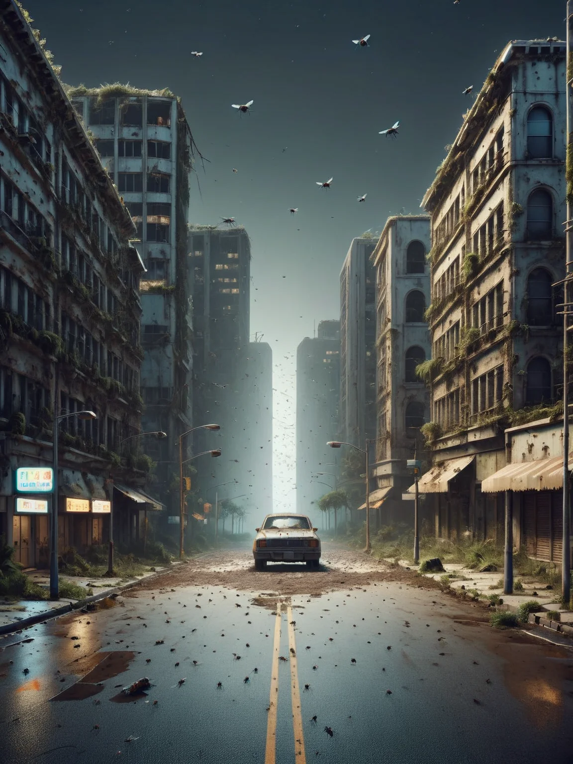 A deserted ais-flyz city street under the moonlight, with abandoned cars and overgrown vegetation, the pavements and buildings crawling with ais-flyz, creating a post-apocalyptic atmosphere <lora:Flies_Style_SDXL:1>