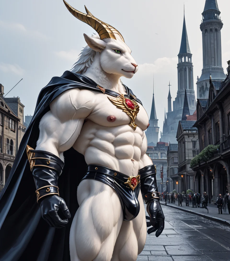 masterpiece, best quality, newest, absurdres, highres, furry, perfect anatomy,
8K, In'ei, chiaroscuro, absurd details, masterclass screenshot, subsurface reflections, subsurface light, subsurface light scattering, ambient lighting, atmospheric effects, deep dark shadows,
<lora:Goat_(Pony)_(AD):1> goat, muscular,
detailed anime background, exterior, scenery, midnight, dark night, evil corrupt landscape and city,
dutch angle, perfect proportions, leather armored, warrior, leather gloves with intricate designs, voluminous silk cape with intricate designs, supervillain briefs, bare thighs, biceps, shoulders, fantasy armor, end boss, opulent, decadent, goat headed, colored furry body, manly bulge, Satanic, Satanic colors, side view, cowboy shot, regal elegant look, desirable and frightening to look at,
impressive physique, peak physical condition, large shoulders, large biceps, wide thick upper body, thick thighs, thick legs, thick arms, large thick wide rounded pecs, abs,
EZRealPONYXL, zPDXL, zPDXLxxx,