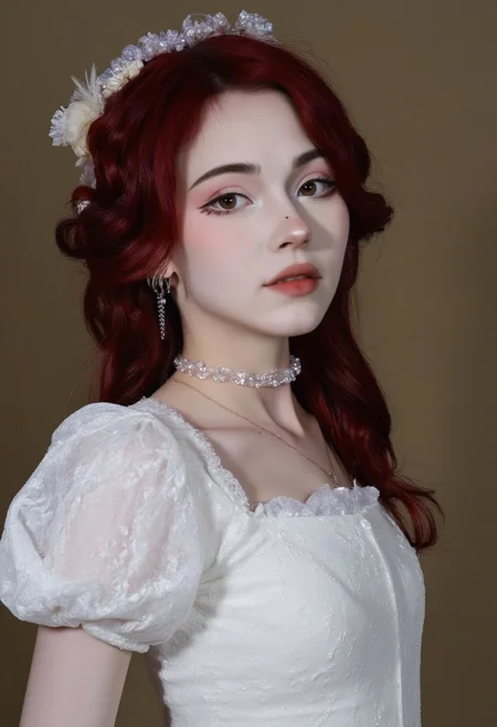 The image is a high-resolution photograph featuring a young woman KTNK with a delicate, ethereal aesthetic. She has fair skin and long, curly auburn hair styled in loose waves. Her eyes are a striking shade of blue, and she has a serene, almost ethereal expression. She is dressed in a voluminous, white, lace gown with puffed sleeves and a high neckline, giving her an old-fashioned, almost Victorian appearance.