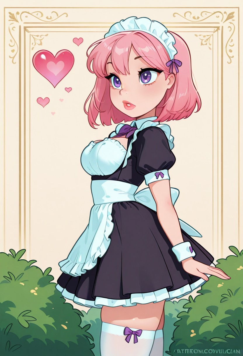 <lora:CivChan:1> side view, CivChan, purple eyes, pink hair, maid outfit, medium breasts, full lips, floating hearts, hearts, doing the homer Simpson walking backward meme, Large bush wall