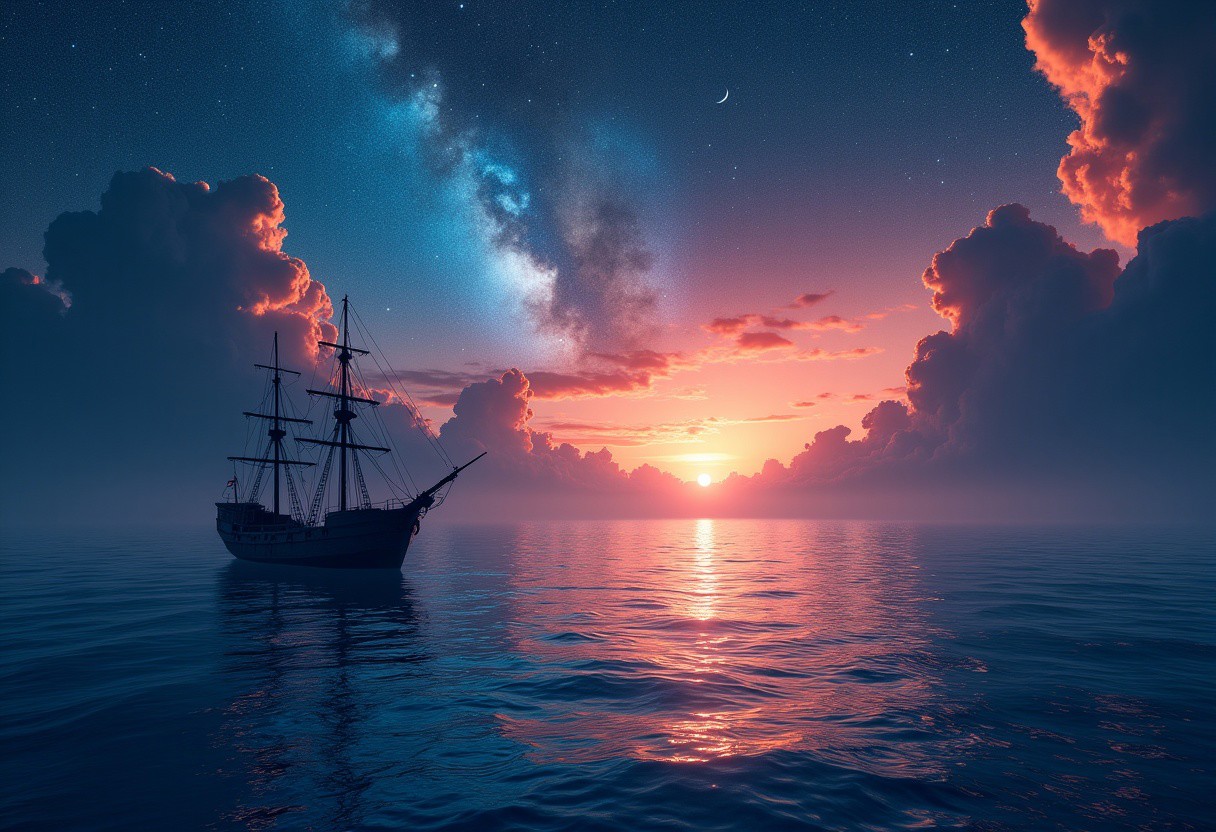A breathtaking cinematic shot of a celestial seascape, where a lone ship glides across the deep blue ocean. The ancient vessel stands out against the backdrop of a mesmerizing sky, painted with vibrant hues of fiery orange and pink that seamlessly blend with the inky blackness of night. A crescent moon casts a soft glow, illuminating the bioluminescent shimmer of the water. The vast ocean and celestial sky evoke a sense of tranquility, wonder, and awe. The solitary ship adds an air of mystery and adventure, inviting the viewer to embark on a fantastical journey. This conceptual art piece masterfully blends natural beauty with artistic imagination, capturing the magic of the night sky and the allure of the open sea.