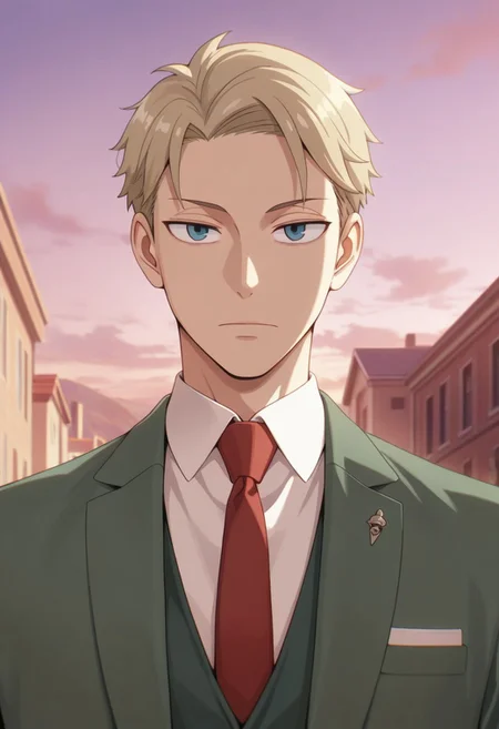 masterpiece,best quality,amazing quality, twilight, blonde hair, short hair, blue eyes, 1boy, male focus, necktie, solo, red necktie, shirt, white shirt, green jacket, collared shirt, upper body, jacket, closed mouth, formal, looking at viewer