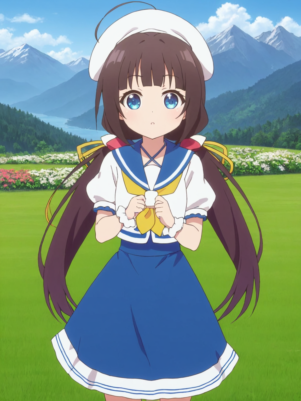 1girl,hinatsuru ai,solo,blue eyes,low twintails,ahoge,white beret,hair ribbon,summer_sailor_collar,neck strap,one side up,yellow neckerchief,puffy short sleeves,layered sleeves,white wrist scrunchie,blue skirt,grass,mountain,hands up,flower,<lora:Hinatsuru ai-SDXL-lora-2024.10.20-version1:0.55>,