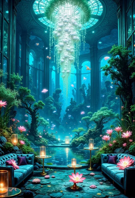 Enchanted Underwater Ballroom with Floating Flora
A vast, cathedral-sized ballroom submerged beneath the ocean, transformed into a magical underwater botanical garden. Towering, crystal-clear glass walls offer panoramic views of the deep sea, where bioluminescent fish and jellyfish drift gracefully, casting a soft glow across the space. The ceiling is a mesmerizing mirror of the water’s surface, refracting light into dancing turquoise and sapphire ripples.
The room is filled with lush aquatic plants—coral-like trees with luminescent blossoms, floating ferns suspended in glass orbs, and giant water lilies that glow softly in shades of pink and violet. The centerpiece is a colossal bioluminescent chandelier made of cascading seaweed-like tendrils and glowing pearls, illuminating the room in an ethereal shimmer.
A grand seating area features deep teal velvet lounges and seashell-shaped armchairs, resting upon a soft, iridescent rug that mimics the ocean floor. Delicate glass tables with golden coral-shaped legs hold pearlescent vases filled with exotic underwater flowers. The atmosphere is one of serene opulence, as if a lost civilization had built a palace in harmony with the ocean itself.