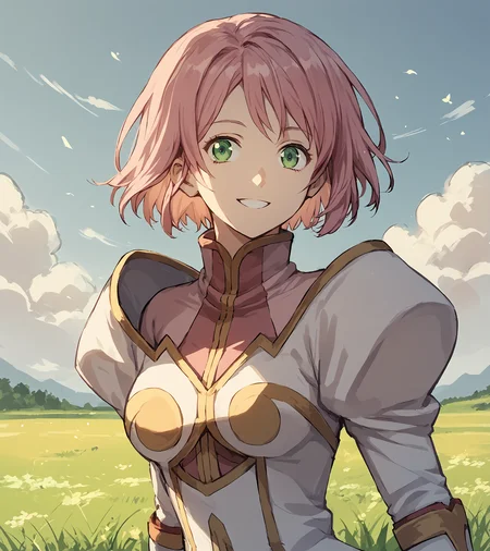score_9, score_8_up, score_7_up, score_6_up, score_5_up, score_4_up, BREAK source_anime,
1girl, solo, <lora:EstelliseSidosHeurassein:1> , Estellise Sidos Heurassein, pink hair, short hair, green eyes, medium breasts,
ornate dress, high collar, white gloves, long pink skirt, black pantyhose, white boots,
outdoors, grass, field, sky, clouds,
looking at viewer, smile, upper body, portrait,
<lora:cyberboi:1>,