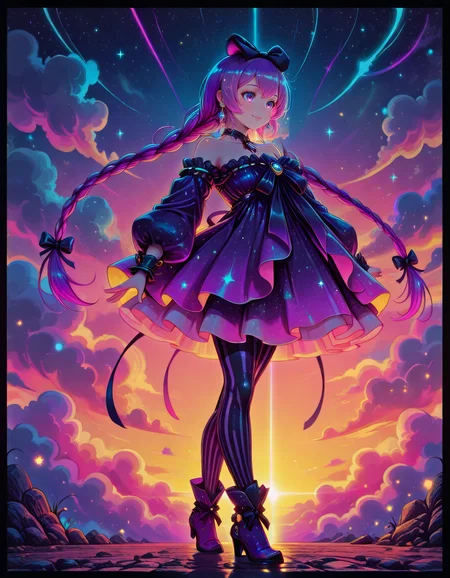 Smooth Quality <lora:mimiko_IL:1> mimiko, purple hair, long hair, twin braids, hair bow, purple eyes, jewelry, earrings, choker, bare shoulders, purple dress, vertical-striped pantyhose, purple footwear, 1girl, closed_mouth, cloud, cloudy_sky, full_body, high_heels, jewelry, looking_at_viewer, magical_girl, outdoors, outside_border, sky, smile, solo, sparkle, standing, twilight, playful_jump, motion_blur, wind_effect, open_sky_background, sparkly_particles, dynamic_pose, happy_energy, <lora:PinkieNeonCybercoreIL:1> pinkneoncybercore, detailed eyes, detailed face, detailed skin <lora:DetailedEyes_V3:1> <lora:cfg_scale_boost:0.7> <lora:lightingSlider:-1> late night (strong lighting:1.5), <lora:SkindentationIL3.4_alpha16.0_rank32_full_400steps:6>