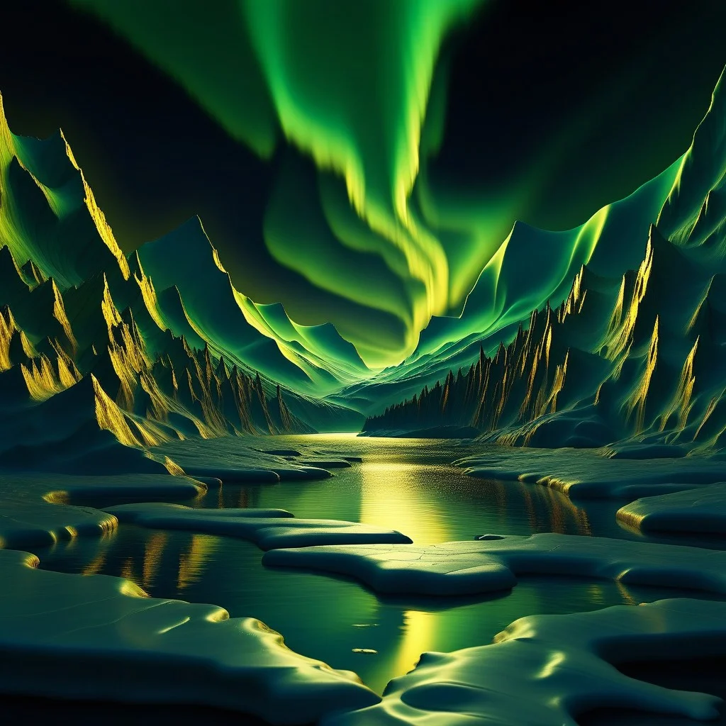 Liquid Marble Lake, Golden accents, golden aurora borealis?! how is this even gonna work? vibrant aurora borealis