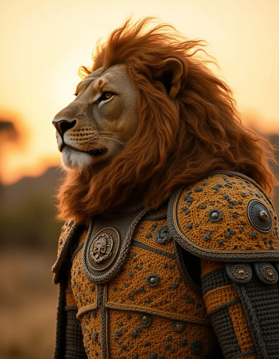 Create a detailed image of a majestic lion wearing ral-kntarmr, a handcrafted crochet-style armor. The armor features intricate patterns in golden hues with bronze accents, covering the lionâs body while leaving its mane flowing freely. The design includes decorative shoulder guards and a chest plate embossed with a royal crest. The lion stands proudly in a savannah setting under the warm glow of the setting sun, exuding both strength and regality
<lora:ral-kntarmr-flux:1>