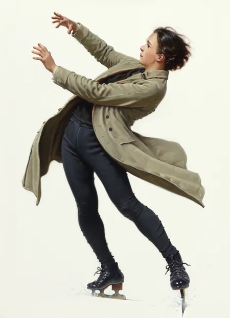 masterpiece, best quality, amazing quality, very aesthetic, absurdres, realistic, photorealistic, norman rockwell, simple background, white background, 1boy, solo, short hair, black hair, short hair, nose, black jeans, tight pants, ice skating, grey coat, male focus, close-up