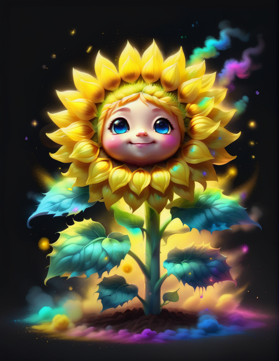 <lora:ChalkDustStyleSDXL:1> a glowing magical cute sunflower in the style of chalkdust, 8k,iridescent colors, kawaii, adorable, digital art, high quality, highly detailed