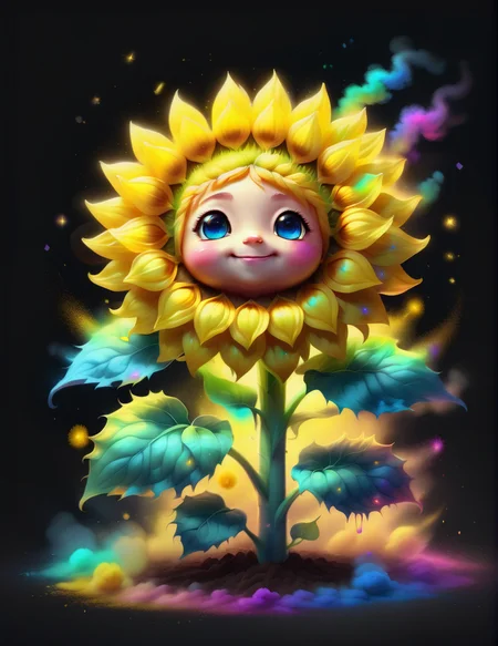 <lora:ChalkDustStyleSDXL:1> a glowing magical cute sunflower in the style of chalkdust, 8k,iridescent colors, kawaii, adorable, digital art, high quality, highly detailed