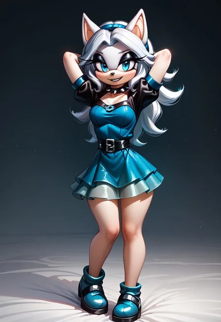 score_9, score_8_up, score_7_up, score_6_up, g0thicPXL, 1girl, 1girl, solo, goth girl, maria_robotnik, sonic_(series), hedgehog_girl, eyeliner, eyeshadow, blue eyes, long pale white hair, blue_hairband, black lips, seductive smile, pretty face, spiked collar, white_gloves, blue_dress, medium skirt, shoes, blue_footwear, sexy pose, smile, grin, cute, sexy pose, lewd expression, wide hips, medium breasts, standing, back, arms behind her head, posing, goth