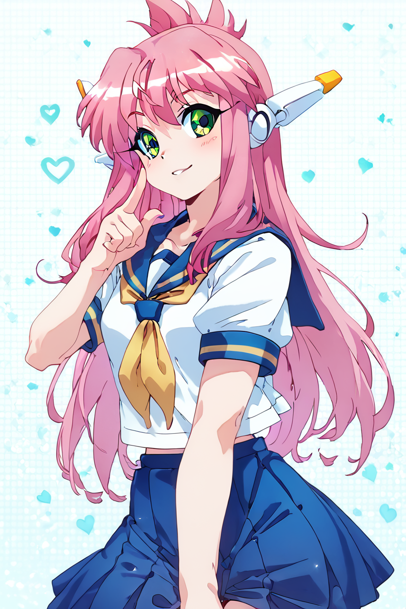 score_9, score_8_up, score_8, medium breasts, (curvy), cute, eyelashes,       BREAK, , zzNukuNuku, green eyes, pink hair, long hair, robot ears, school uniform, serafuku, blue skirt, white shirt, <lora:NukuNuku_PDXL:0.8>, , BREAK, (warm colors), smile, looking at viewer, cowboy shot, embedding:zPDXL, Expressiveh, <lora:PrismaIllya_PDXL_v3:1.0>,  <lora:SDXLFaeTastic2400:0.5>,  <lora:Expressive_H-000001:0.4>,
