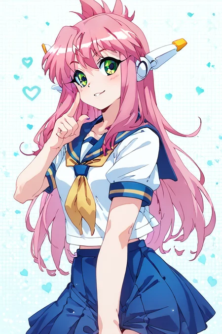 score_9, score_8_up, score_8, medium breasts, (curvy), cute, eyelashes, BREAK, , zzNukuNuku, green eyes, pink hair, long hair, robot ears, school uniform, serafuku, blue skirt, white shirt, <lora:NukuNuku_PDXL:0.8>, , BREAK, (warm colors), smile, looking at viewer, cowboy shot, embedding:zPDXL, Expressiveh, <lora:PrismaIllya_PDXL_v3:1.0>, <lora:SDXLFaeTastic2400:0.5>, <lora:Expressive_H-000001:0.4>,