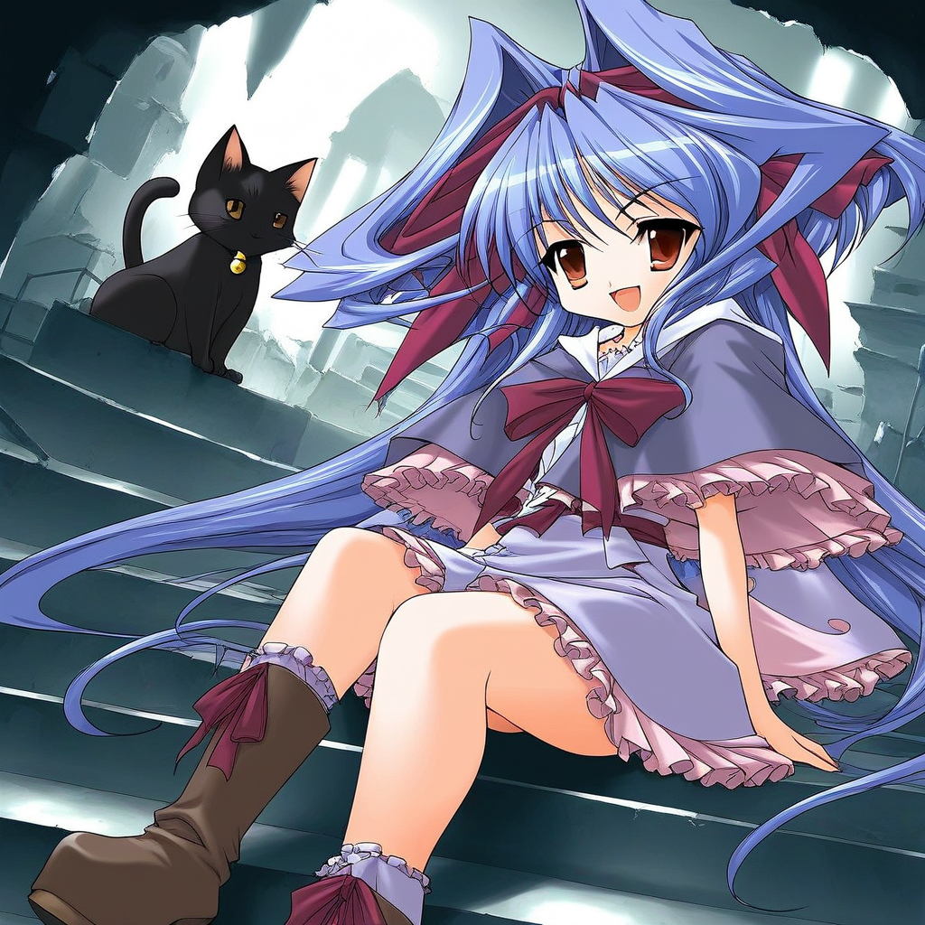 score_9, score_8_up, score_7_up, source_anime, rating_explicit, BREAK  <lora:Shion_mahjong_XL:1> Shion_mahjong, very long hair, blue hair, hair bow, hair intakes, brown eyes,  short stack,
cat, solo,  sitting, stairs, dress, black cat, purple hair, capelet,  red eyes, hair ribbon, bow, smile, open mouth, boots, 
ruins, cave,