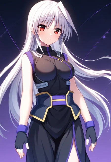 score_9, score_8_up, score_7_up, source_anime, 1girl, solo, Reinforce, long hair, white hair, single hair intake, red eye, long dress, black dress with purple trim, side slit, black gloves with purple trim, fingerless gloves, black corset with gold trim, sleeveless dress, bare shoulders, standing, smiling, endori face