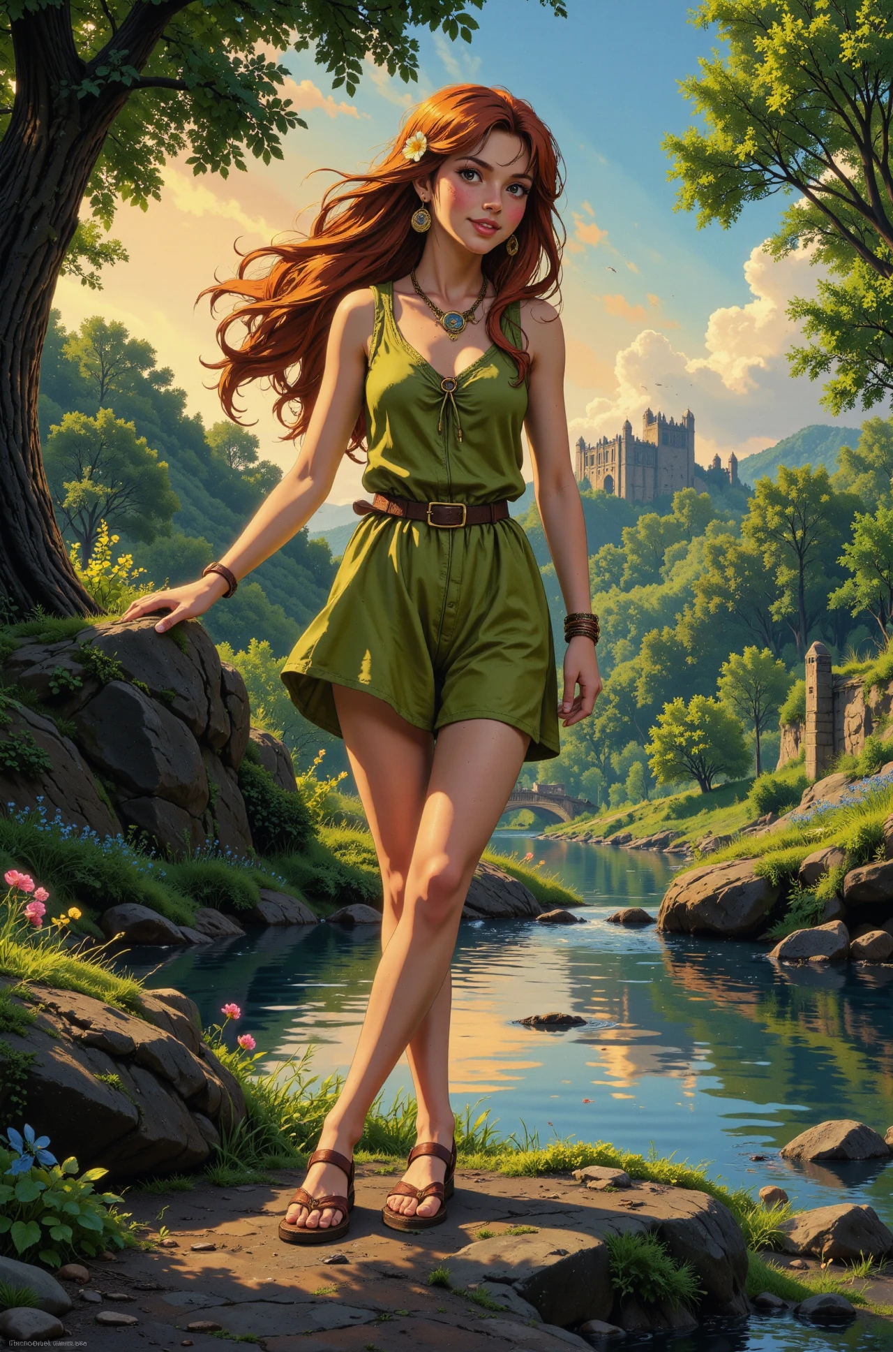 dreadlocks auburn hair young woman, druid, anime, illustration, extremely detailed, portrait, standing, happy smile, flower in hair, glossy lipstick, celtic necklace, tulip earrings, loincloth, sandals,  Lime Green druid short dress, legs, sharp focus, fantasy, celtic landscape, small rock, moss, ripples, reflections, celtic  castle, small river pond, druid forest, druid village, stunning nature environment, enchanted land, clovers, Bright Pastel Blue flowers, best quality, colorful, wet floor, bright sunny sky, sunset, raytracing, hdr, high contrast, ethereal natural lights, backlight, lens flare, shadows, vibrant colors, colorful, pretty, beautiful, happy, smiling, feminine, sexy, lovely, in love, adorable, fashion,  <lora:Hand v2:1> <lora:Anti-Blur:1><lora:Insane Detail Slider:0.5>  <lora:flux.1_lora_flyway_Epic-detail_v2:0.3><lora:fluxenhancer:0.5> <lora:RetroAnimeFluxV1:0.4> <lora:Luminous_Shadowscape:0.4> <lora:SujatmikoArafuru_Flux:0.2> Suzume style