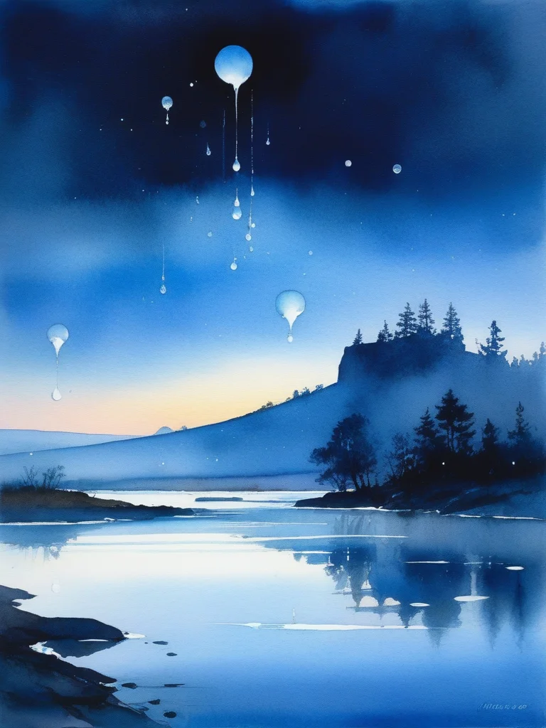 <lora:09WatercolorPainting_Hap_XL:1.6>,Winslow Homer style, watercolor painting, watercolor, oil painting,watercolor oil painting, ral-rndrps, landscape of a Futuristic drops, at Blue hour, Fujicolor, ethereal magical atmosphere, unreal, alien, scifi