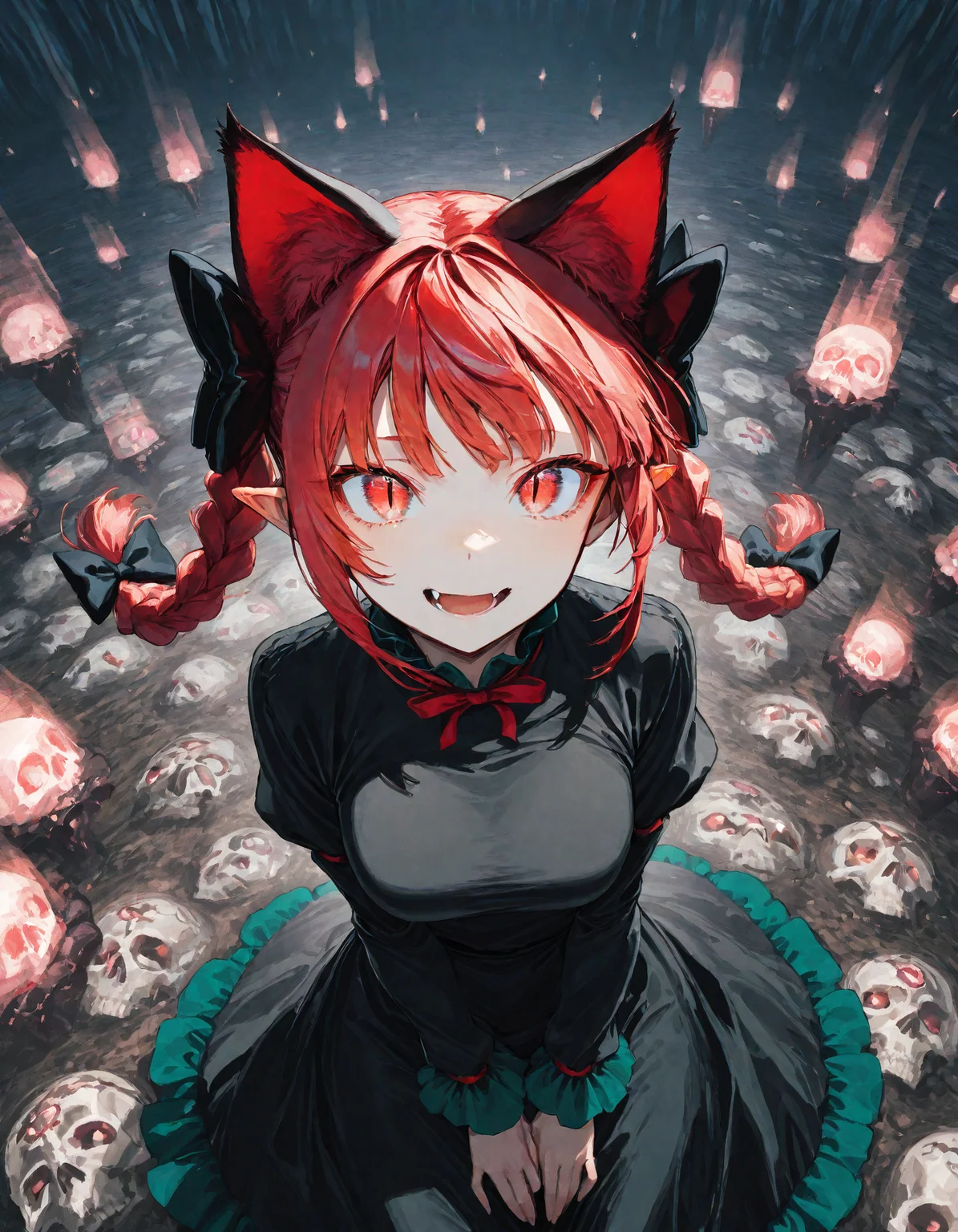 munakata_(sekimizu_kazuki), hamada_yoshikazu,rolua, negative space, cinematic shot, masterpiece, highres, absurdres, newest, wide shot, ,slimes_skullwm,made of skulls,kaenbyou_rin_(cat), touhou, 1girl, pink_hair, red_eyes, solo, from above,,f animal_ears ,black_bow, black_dress , braid,breasts, cat_ears ,t dress,extra_ears, fang ,frilled_dress ,frills, hair_bow ,large_breasts ,long_eyelashes ,long_sleeves ,looking_at_viewer ,multiple_hair_bows, pointy_ears ,red_bow ,red_eyes, red_hair, slit_pupils, smil,tight_clothes ,tight_dress, twin_braids ,fang, <lora:SlimesSkullWM:1> <lora:ponyv5_noobE11_1_adamW:0.7> <lora:illustrious_noobai_epsilon_pred_11_very_aesthetic_v1:0.7> ,