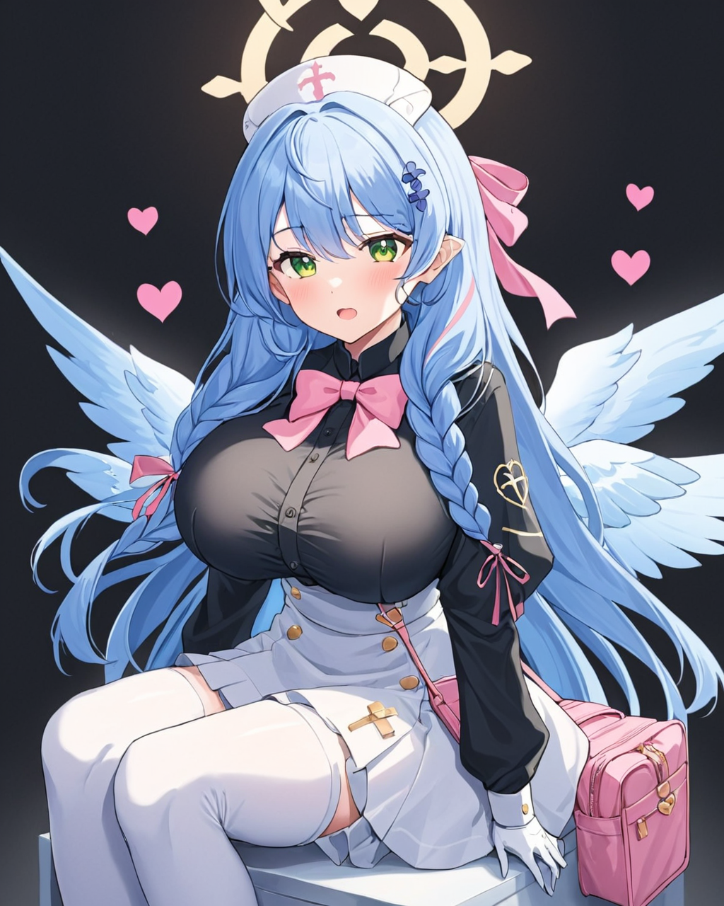 mine \(blue archive\),1girl, solo, breasts, looking at viewer, blush, open mouth, skirt, large breasts, simple background, shirt, hair ornament, gloves, long sleeves, hat, ribbon, holding, sitting, braid, heart, parted lips, wings, white gloves, bowtie, bag, black shirt, buttons, halo, white skirt, pink bow, shoulder bag, nurse cap, pink bowtie, white bag
<lora:Mine_image51_v1-000045:1>,halo,. gorgeous,key visual, vibrant, studio anime,award-winning, professional, highly detailed,high budget, cinemascope