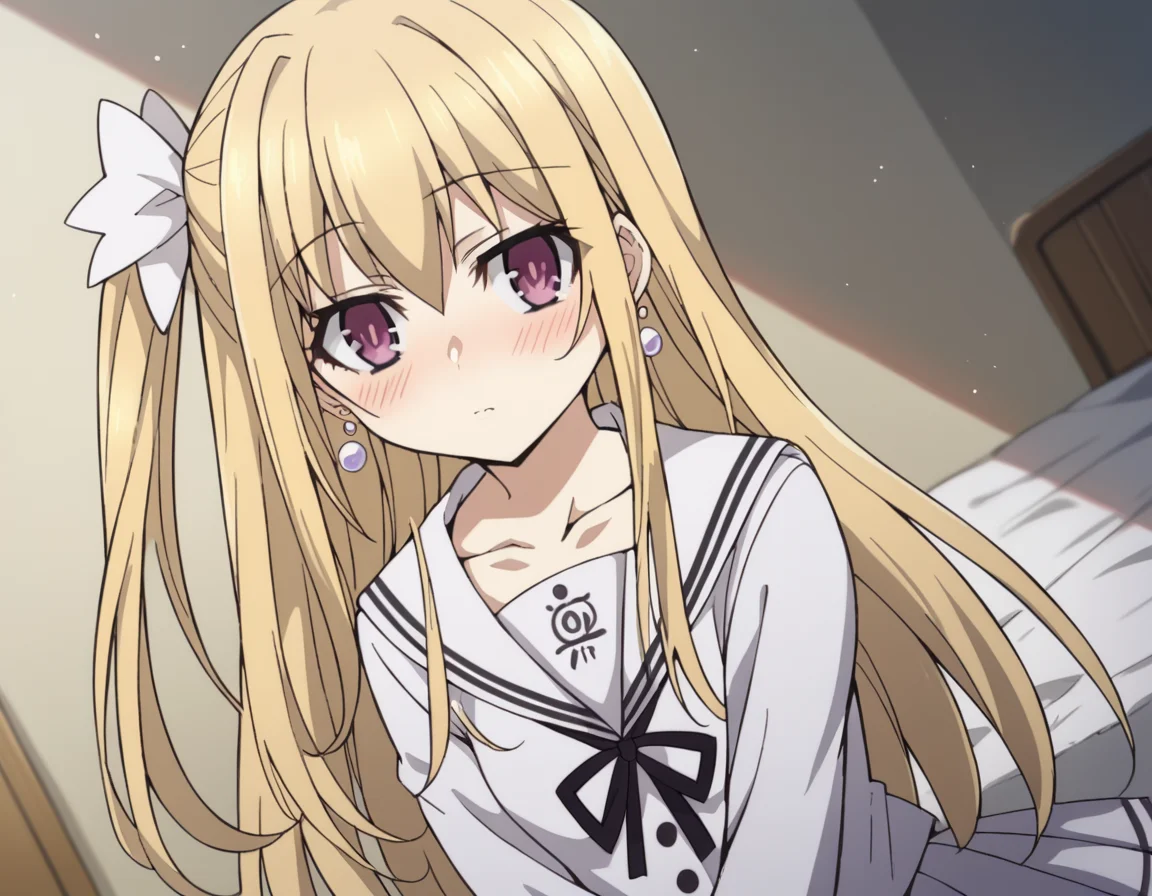 score_9, score_8_up, score_7_up, source_anime,
dalmayuri, <lora:dal-mayuri-movie-ponyxl-lora-nochekaiser:1>,
mayuri, long hair, blonde hair, hair between eyes, hair bow, one side up, bow, purple eyes,
shirt, ribbon, jewelry, school uniform, collarbone, earrings, serafuku, black ribbon, neck ribbon, skirt, white skirt, pleated skirt,
indoors, bed, bed room, on side, blush, drunk,
solo, dutch angle, looking at viewer, cowboy shot,