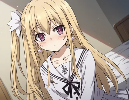 score_9, score_8_up, score_7_up, source_anime,
dalmayuri, <lora:dal-mayuri-movie-ponyxl-lora-nochekaiser:1>,
mayuri, long hair, blonde hair, hair between eyes, hair bow, one side up, bow, purple eyes,
shirt, ribbon, jewelry, school uniform, collarbone, earrings, serafuku, black ribbon, neck ribbon, skirt, white skirt, pleated skirt,
indoors, bed, bed room, on side, blush, drunk,
solo, dutch angle, looking at viewer, cowboy shot,