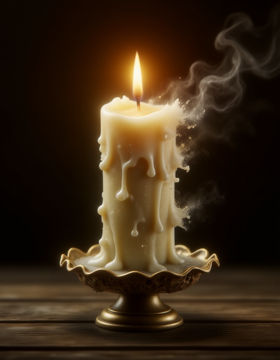 A tall, ivory candle melting on an ornate brass holder, illuminated by the flickering light of its flame in a dimly lit room. In a ral-dissolve effect, the candleâs wax begins to break apart into soft, glowing droplets and curling plumes of smoke. The HDR lighting captures the subtle textures of the melting wax and the warm reflections on the brass holder, adding depth to the scene.
 <lora:ral-dissolve-flux_000005000:1>