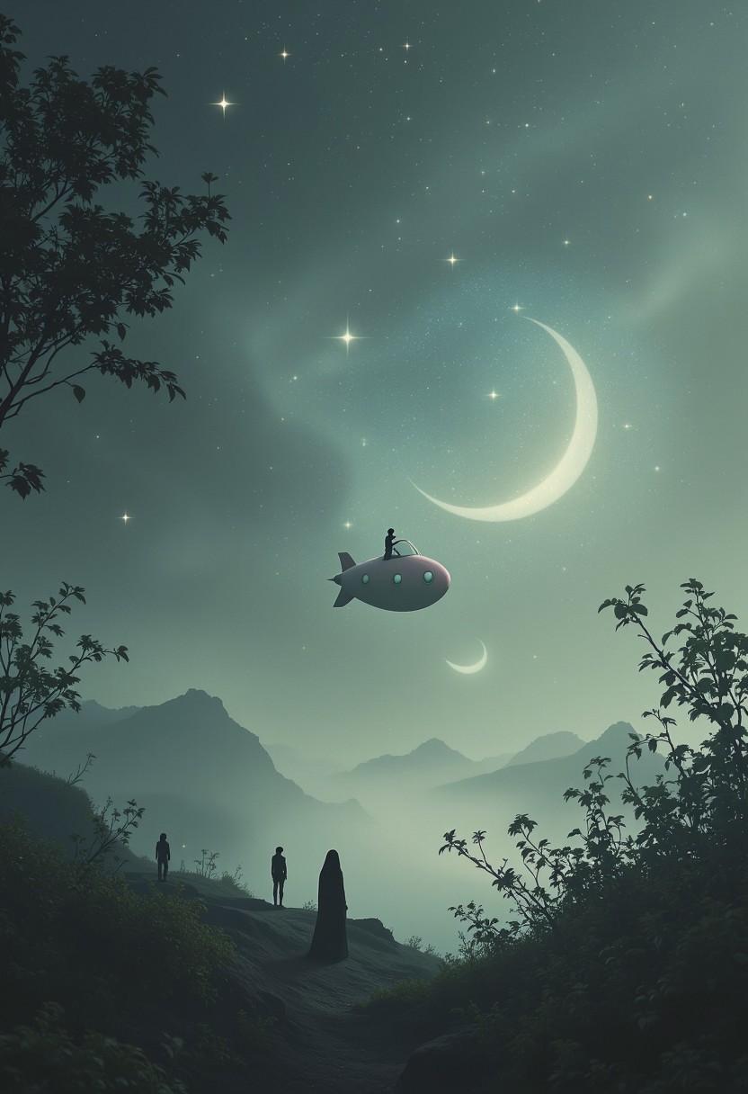 An enigmatic composition bathed in soft, diffused light, blending whispers of surrealism and melancholia. The scene unfolds in a cinematic atmosphere where subtle textures and delicate grains add depth, while the interplay of light and shadow enhances the quiet intensity of the moment. A subdued color palette merges with ethereal haze, evoking a dreamlike quality and timeless stillness. The central subject – "The Candyfloss Galaxy": A night sky filled with swirling pastel galaxies that resemble cotton candy. Floating in the vastness are fluffy creatures shaped like oversized stars, their giggles echoing softly. A small pink rocketship with heart-shaped windows sails peacefully through the dreamy expanse.– is delicately framed, their presence balanced between mystery and intimacy. Surrounding elements, rich in symbolic undertones, anchor the narrative in an otherworldly context. Organic details like softly swaying flora or faintly glowing surfaces contrast with stark, haunting figures, creating a juxtaposition that is both poignant and surreal. The composition invites introspection, with negative space amplifying the mood's resonance. Every detail, from the atmospheric depth to the muted highlights, serves to craft an image that feels suspended in an emotional, poetic realm. surreal style