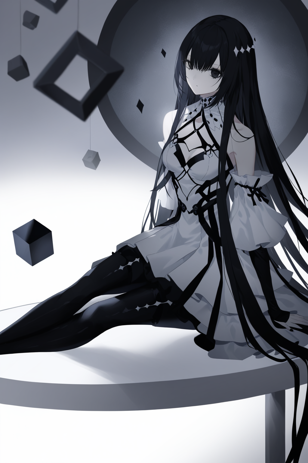masterpiece,best quality,1 girl,(long hair),black hair,black eyes,white postmodern-gothic fashion dress,sitting on table,black diamond-shaped decorations,floating cube,black spike,grey circle,Light and shadow plays,very coherent,excellent composition,white background,<lora:kotrou020XLlokr8f-000180:0.7>,
