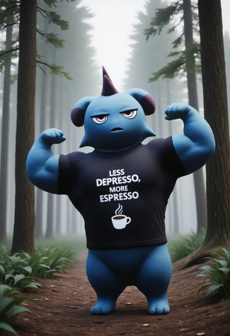 Anthroid blue Depresso standing in forest at night. Depresso is wearing a black t-shirt with white text "LESS DEPRESSO, MORE ESPRESSO" with a coffee mug logo in center. flexing arm and looking at viewer with a smug grin