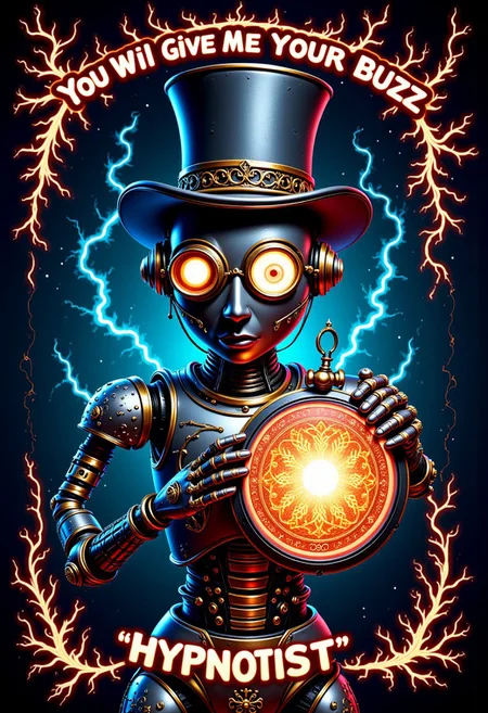 A photo of robotic hypnotist, robot, wearing a top hat, wearing a monocle, eye magnified, holding a pocket watch, it sways hypnotically, motion lines of watch moving, hypnotic pattern on watch glass, glass, intricate light, intricate artwork, masterpiece, trending on artstation, highly detailed. watch is metallic. robot is metallic, mtlartCE_style. aidmatextimprover. Text bubble comes out of hypnotist that reads "You will give me your BUZZ..." electric plasma flows around edges of frame, colorful, steampunk