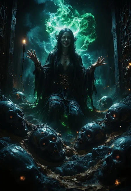 dark fantasy movie still, photograph, an evil 20-year old beautiful necromancer with pale skin long black hair and low cut robes in a graveyard at night laughing sitting between two graves reaching out to them, in the foreground rotting decaying gross zombies are emerging from the graves, black candles burning black  eerie magical smoke and light, ghostly green magic swirling around zombies, cinematic realism, high action pose, perfect pupils, insanely detailed faces, correct digits, intricately detailed filthy place, film grain, HD, 8k, clear, dark,  dimly lit, cool colors, hair backlight, ear backlight, perfect eyes, perfect pupils, expressive eyes, Cinematic style, Beauty, Realism, Photorealism, Chiaroscuro, High quality. anhei
