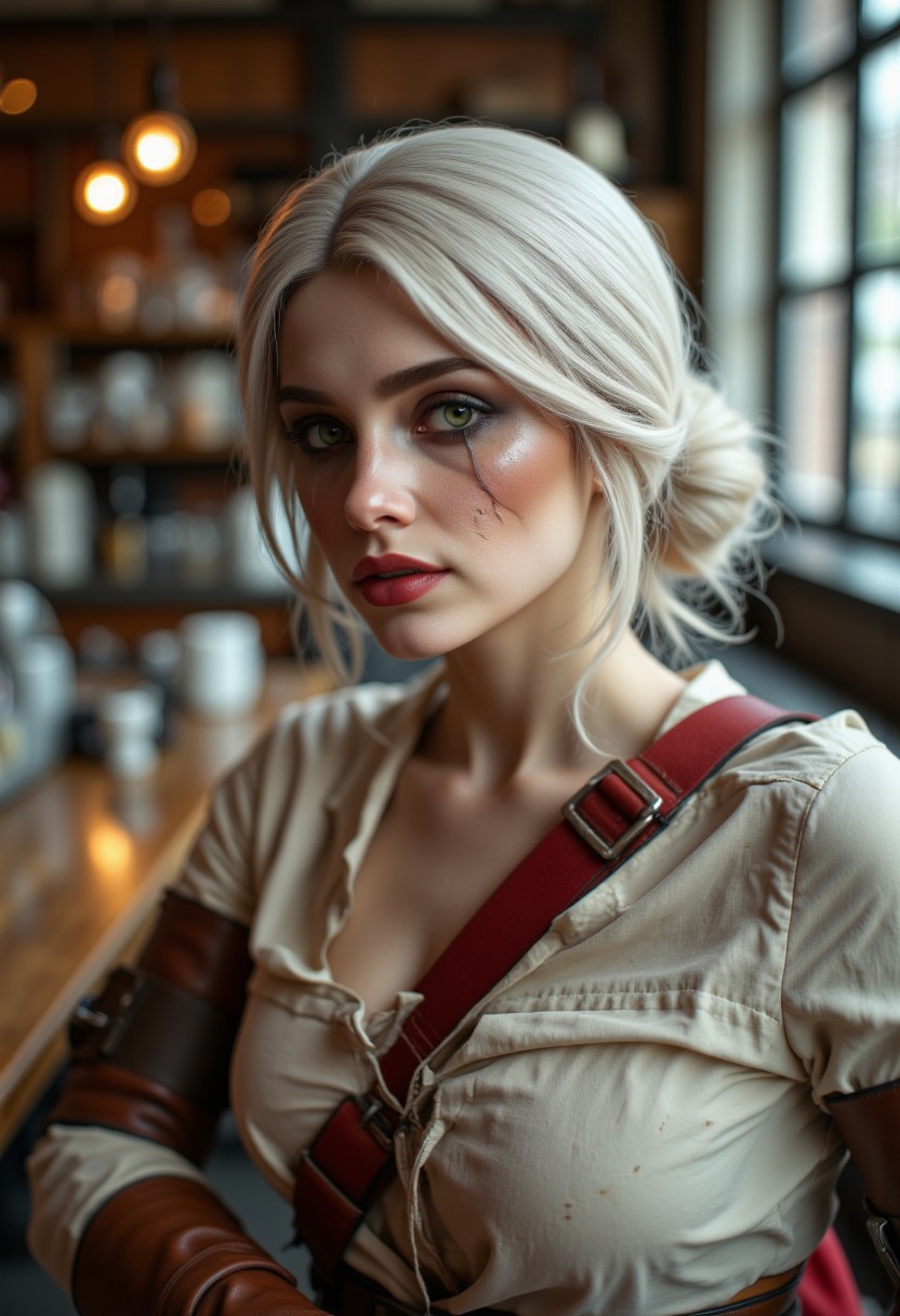 CiriW, ultra realistic photo of a woman with fair skin and white hair styled in a loose bun, in a coffee shop, The woman has striking green eyes and is wearing makeup that accentuates their features, including bold eyeliner and red lipstick. She is dressed in a white top, a red strap across the chest, and a brown leather belt, her hands resting on her thighs, (maximum ultra high definition image quality and rendering:3), maximum image detail, maximum realistic render, (((ultra realist style))), realist side lighting, , 8K high definition, realist soft lighting, (amazing special effect:3.5).