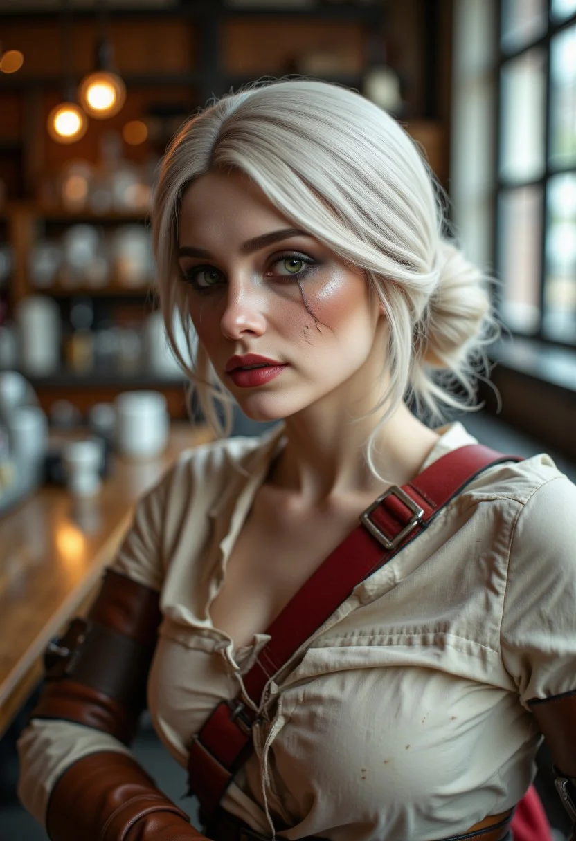 CiriW, ultra realistic photo of a woman with fair skin and white hair styled in a loose bun, in a coffee shop, The woman has striking green eyes and is wearing makeup that accentuates their features, including bold eyeliner and red lipstick. She is dressed in a white top, a red strap across the chest, and a brown leather belt, her hands resting on her thighs, (maximum ultra high definition image quality and rendering:3), maximum image detail, maximum realistic render, (((ultra realist style))), realist side lighting, , 8K high definition, realist soft lighting, (amazing special effect:3.5).