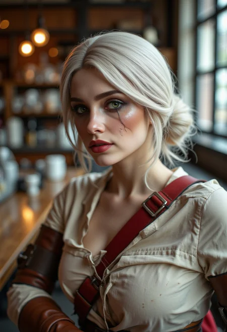 CiriW, ultra realistic photo of a woman with fair skin and white hair styled in a loose bun, in a coffee shop, The woman has striking green eyes and is wearing makeup that accentuates their features, including bold eyeliner and red lipstick. She is dressed in a white top, a red strap across the chest, and a brown leather belt, her hands resting on her thighs, (maximum ultra high definition image quality and rendering:3), maximum image detail, maximum realistic render, (((ultra realist style))), realist side lighting, , 8K high definition, realist soft lighting, (amazing special effect:3.5).