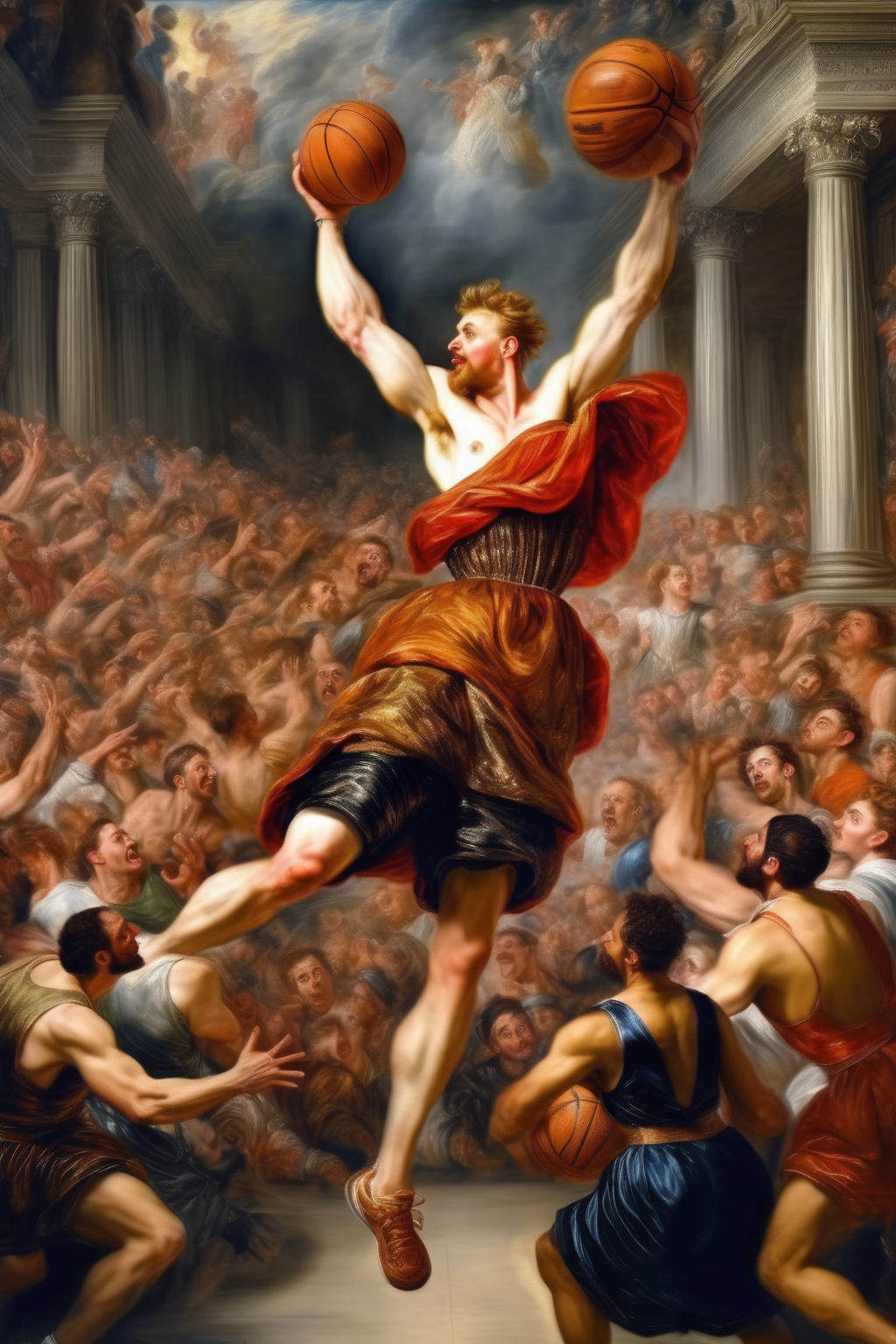 <lora:Peter Paul Rubens Style:1>Peter Paul Rubens Style - A Peter Paul Rubens painting of a NBA basketballl player. reality. Basketball tournament held at the Palace. A large crowd cheered. in 2030 a.d.