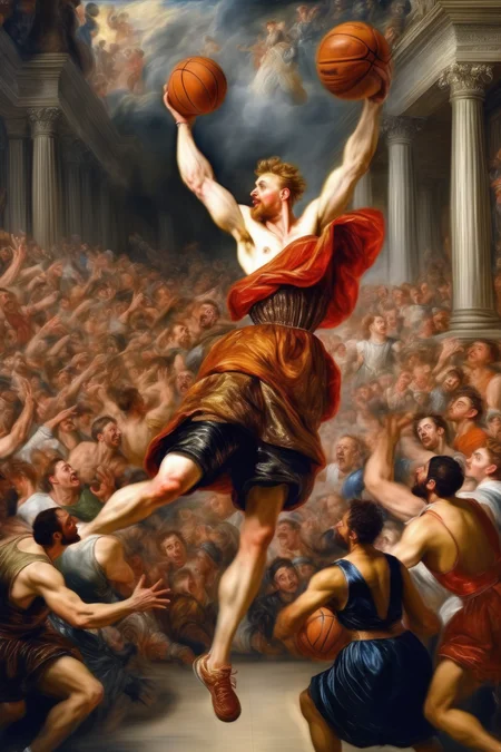 <lora:Peter Paul Rubens Style:1>Peter Paul Rubens Style - A Peter Paul Rubens painting of a NBA basketballl player. reality. Basketball tournament held at the Palace. A large crowd cheered. in 2030 a.d.