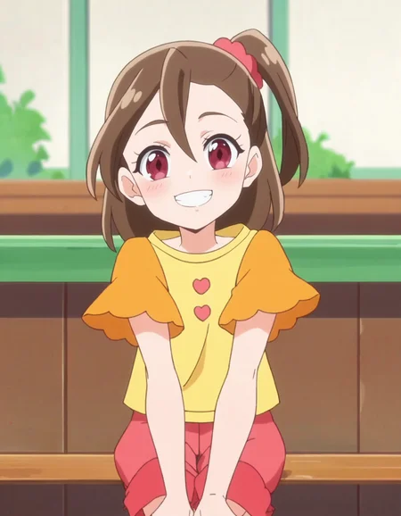 score_9, score_8_up, score_7_up, anime screencap, solo,1girl,sakurahamori, smile, red shorts, looking at viewer, scrunchie, yellow shirt, hair ornament,cowboy shot, blush,sitting,grin<lora:sakurahamori_pony:0.8>