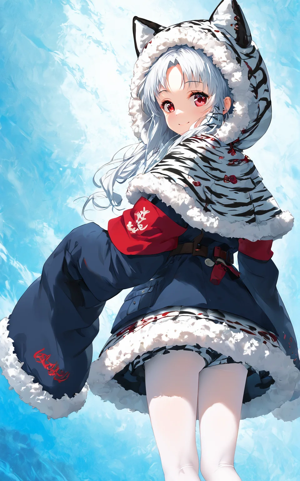 score_9,score_8_up,score_7_up,,source_anime BREAK, 1girl, solo,, s1_dram, ass focus , smile,, ,acc, default, 1girl, binoculars, solo, sleeves past wrists, fur trim, sleeves past fingers, pantyhose, long hair, long sleeves, fur-trimmed sleeves, animal hood, red eyes,white pantyhose, tiger print, parted bangs, fur-trimmed hood, looking at viewer, animal ears, armband, white hair, fake animal ears, capelet, hood up, animal print, coat,, jacket, fur-trimmed capelet<lora:S1_Dramatic_Lighting_v2:0.8>,<lora:é¿æ¥:1>