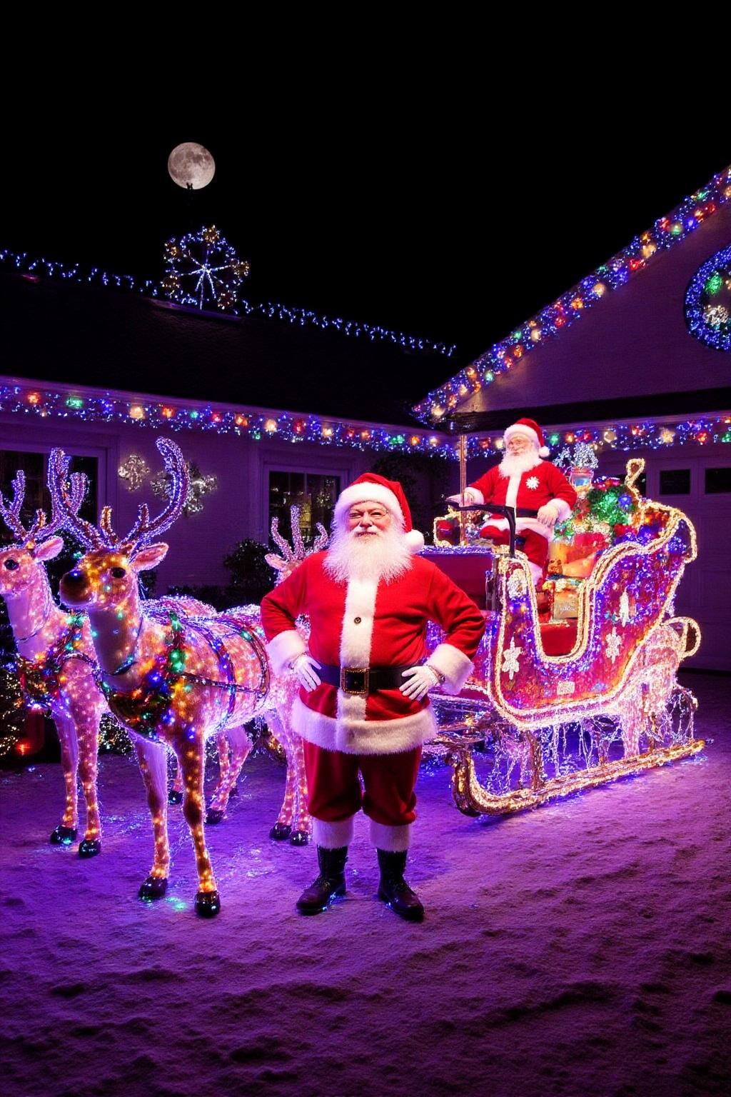 A magical and festive scene featuring Santa Claus proudly posing with his sleigh and his team of reindeer, all extravagantly wrapped in glowing Christmas lights. Santa stands in front of the sleigh, dressed in his classic red suit trimmed with white fur, his hands resting on his hips as he smiles warmly. The sleigh is adorned with strings of multicolored lights outlining its shape, with additional lights forming festive patterns like snowflakes and stars.
The reindeer are also wrapped in twinkling lights, their antlers decorated with smaller strands that glimmer against the snowy backdrop. Each reindeer is posed gracefully, their harnesses embellished with bells and sparkling accents. The snow-covered ground reflects the vibrant colors, while a soft glow of moonlight and a starry night sky add a touch of enchantment to the scene. The overall atmosphere is cheerful and magical, embodying the joy and wonder of the Christmas season
 <lora:xmaslight1_nocap_d6a3:1.0><lora:808041068449857815:0>