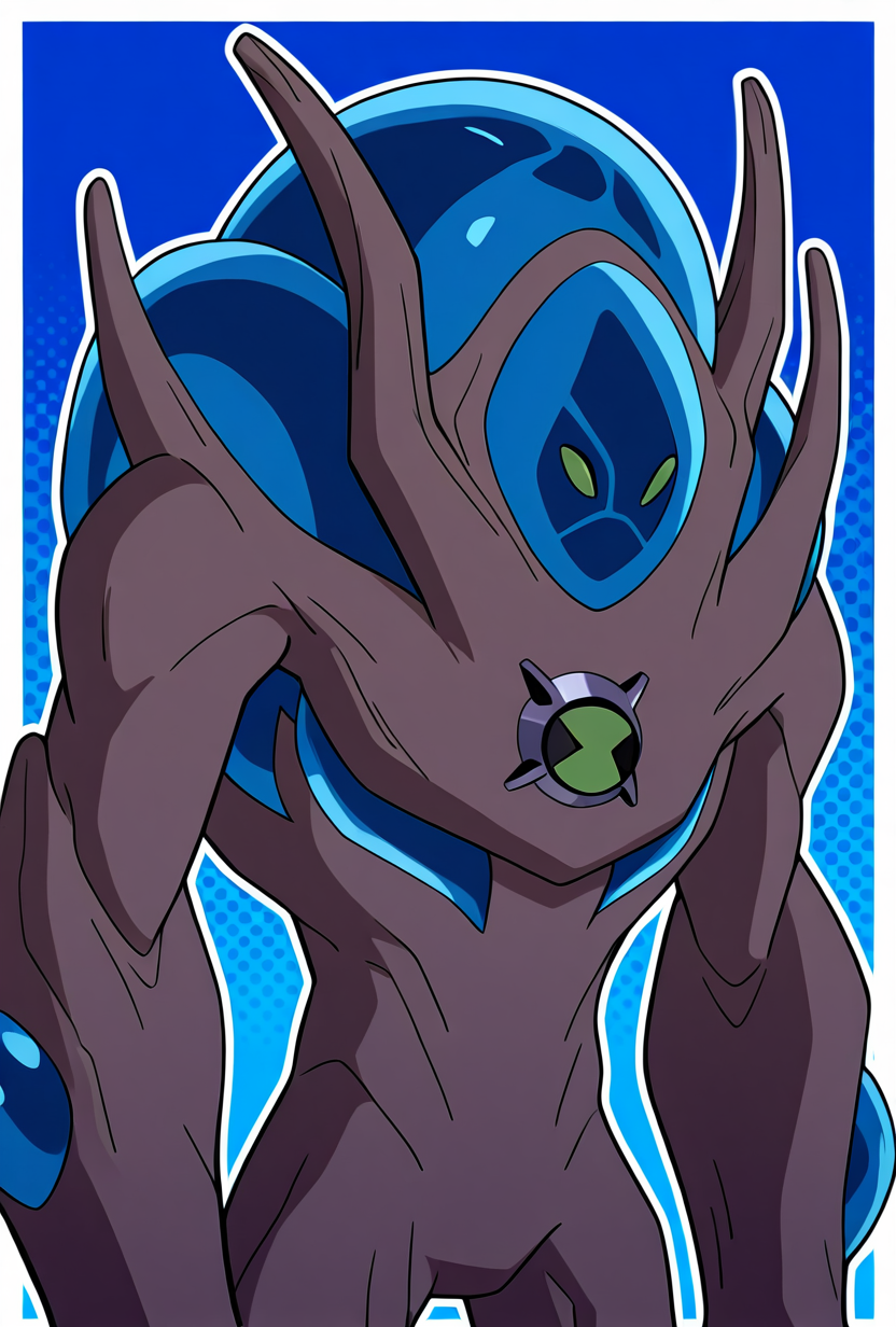 <lora:ultswam-10:1> ultswam, standing, pokemon (creature), solo, green eyes, monster, brown skin, alien, massive arms, no humans, blue background, masterpiece, best quality, amazing quality, very aesthetic, absurdres, newest,, upper body, halftone effect, white borders, abstract background:1.2,