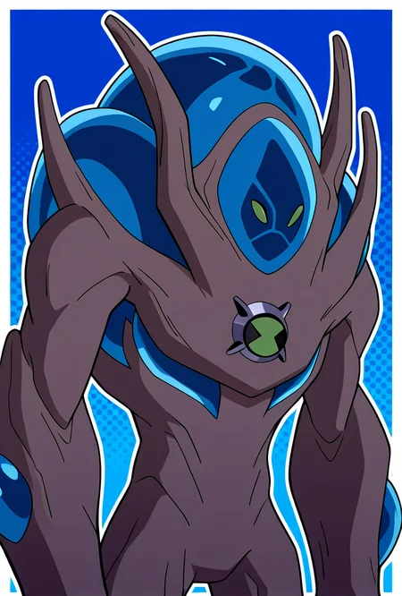 <lora:ultswam-10:1> ultswam, standing, pokemon (creature), solo, green eyes, monster, brown skin, alien, massive arms, no humans, blue background, masterpiece, best quality, amazing quality, very aesthetic, absurdres, newest,, upper body, halftone effect, white borders, abstract background:1.2,