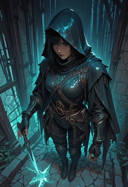 (masterpiece), (best quality), (ultra-detailed), 1girl, focused expression, female ninja assassin, emerging from deep shadows, dramatic lighting, dark fabric and layered leather armor, hooded cloak, traditional ninja gear, throwing knife in hand, waist-up to full body view, tense and silent movement, low pose, cinematic lighting from above, rain-slick stone walls, misty air, subtle fog, textured cloth, leather straps, arcane-free look, poised and controlled demeanor, ancient temple or forest night background, semi-realistic style, moody atmosphere, hidden blade,