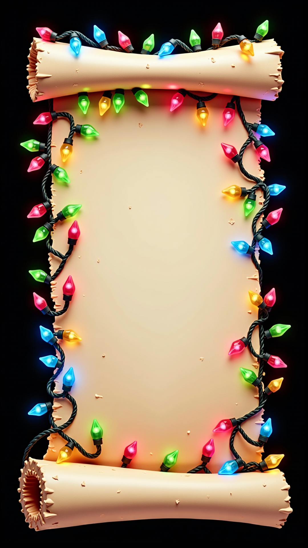 A beautiful render of a ChristmasLightsStyle weathered scroll. 
<lora:ChristmasLightsStyleFlux:0.9>